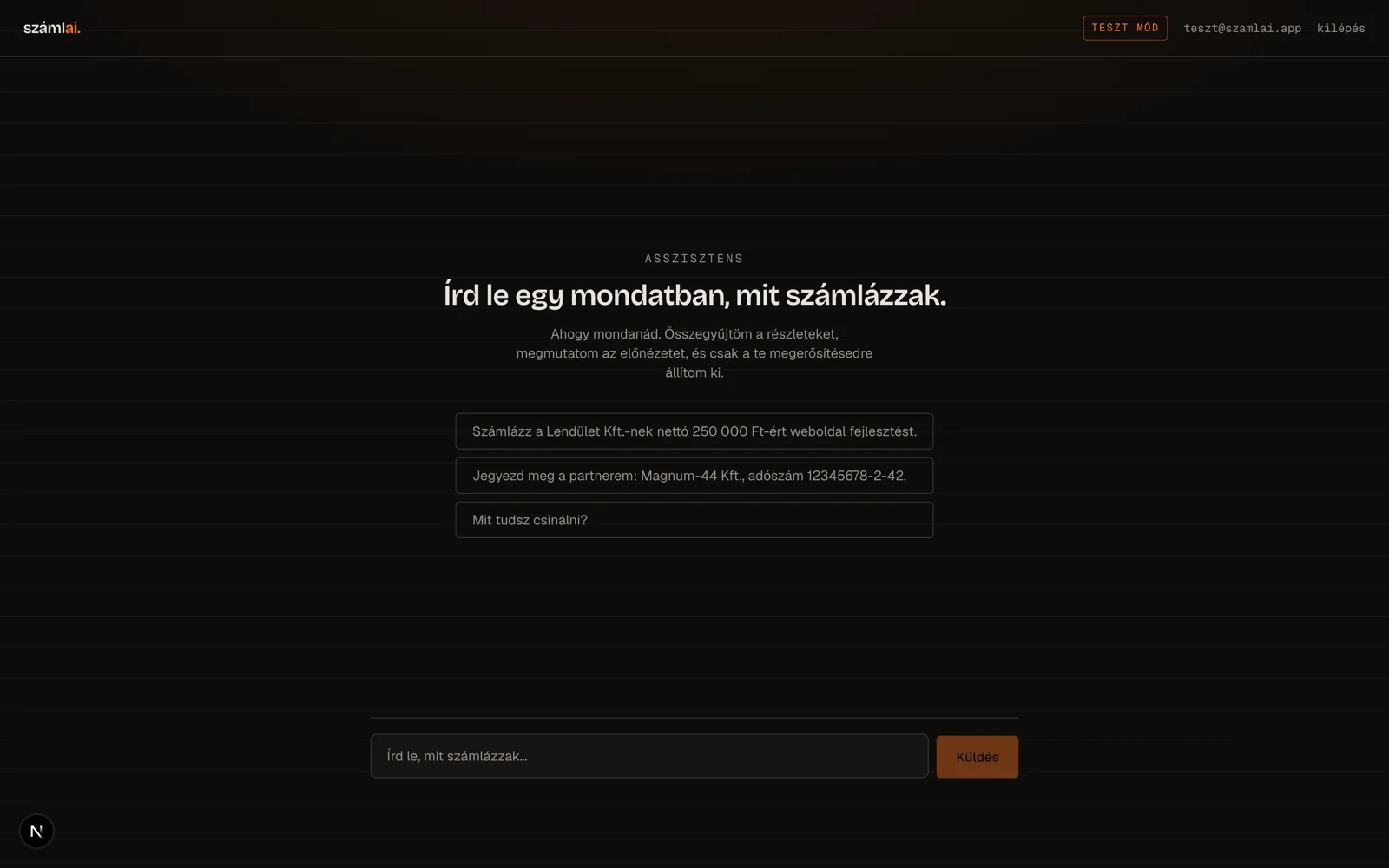 The titkar.ai assistant interface: one sentence, a few examples, test mode