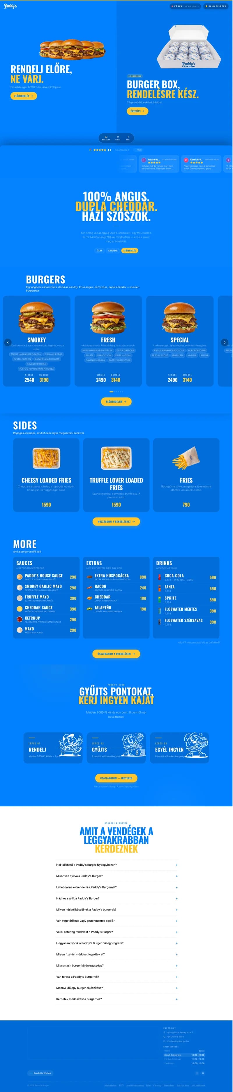 Opening view of the Paddy's Burger website and pre-ordering platform